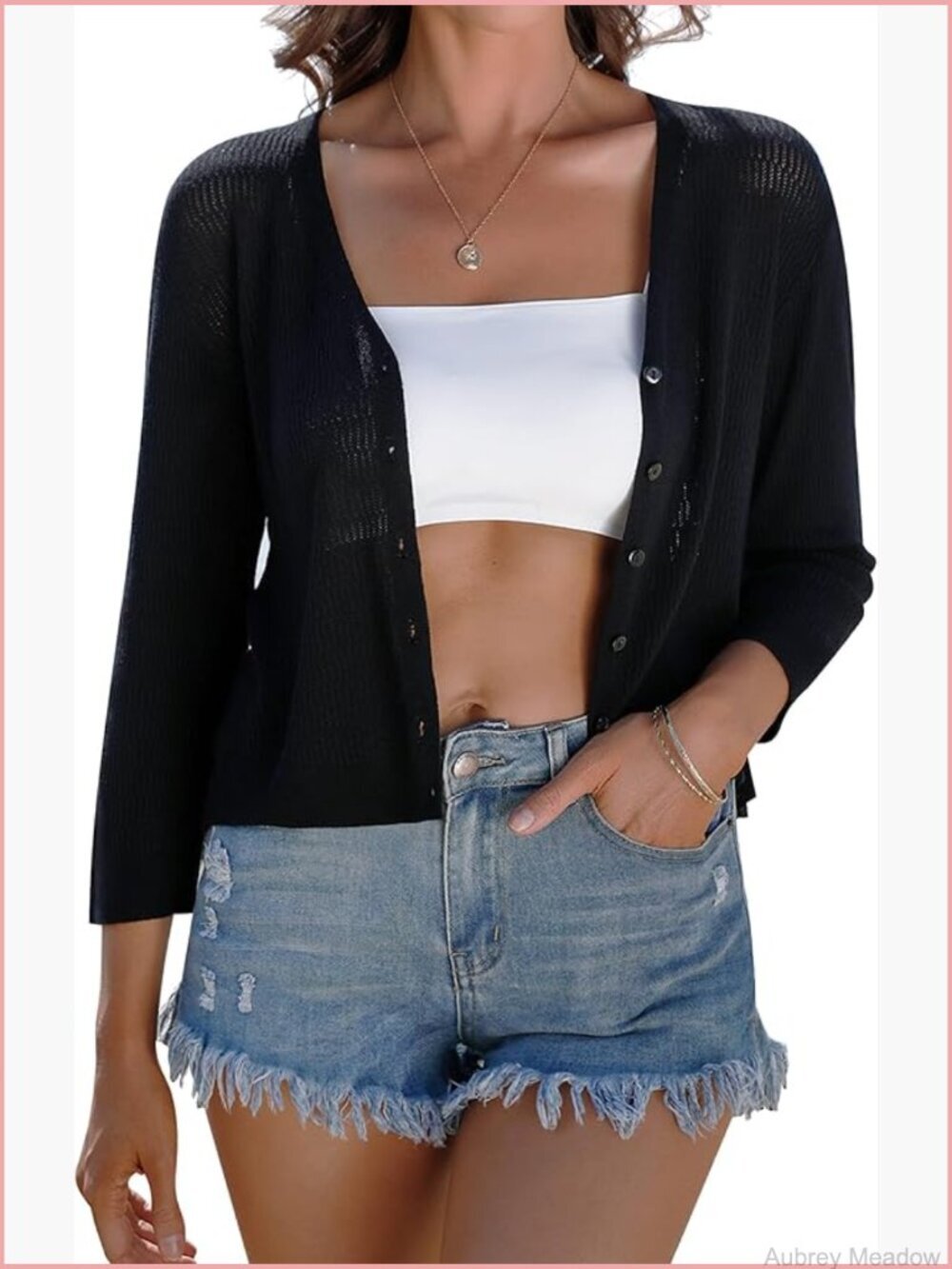 Lightweight Cropped V-Neck Cardigan 3/4 Sleeve Button Down Shrug Knit Sweater